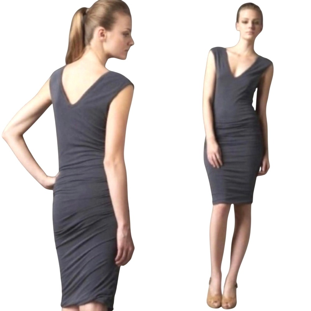 James Perse Wide Strap Ruched Dress Burro Grey V-Neck Knit Sheath Size 2 S/M